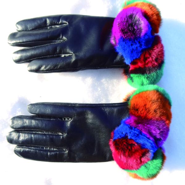 Beautiful Design Colored Leather Gloves , Rabbit Fur Gloves Black Color