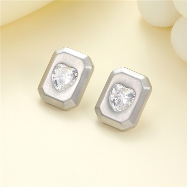 Wholesale Korean Style Trendy Brushed Effect Brass Square Heart CZ Stud Earrings High Quality Gold Silver Plating for Women