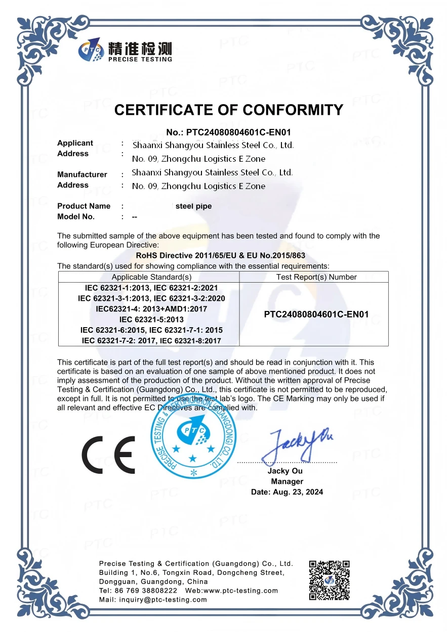 Shaanxi Shangyou Stainless Steel Co., Ltd. Certifications