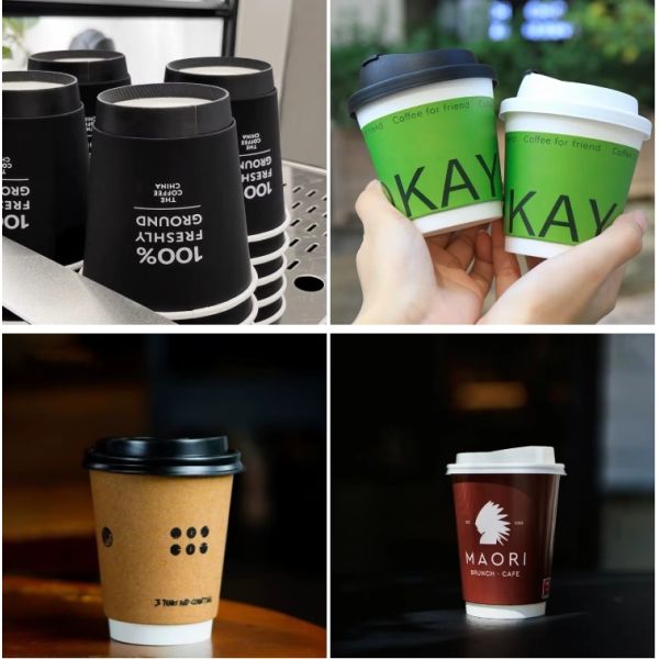 Hot Stamping Embossing Black Double Wall Craft Paper Coffee Cup with Lid