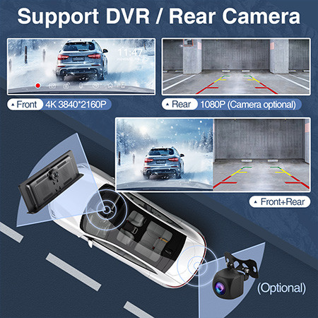 Nouveau 11,3 pouces UHD 4K WIFI Dashcam sans fil Carplay Android Auto Vue arrière DVR de voiture GPS Vidéo de vision nocturne Enregistreur Black Box