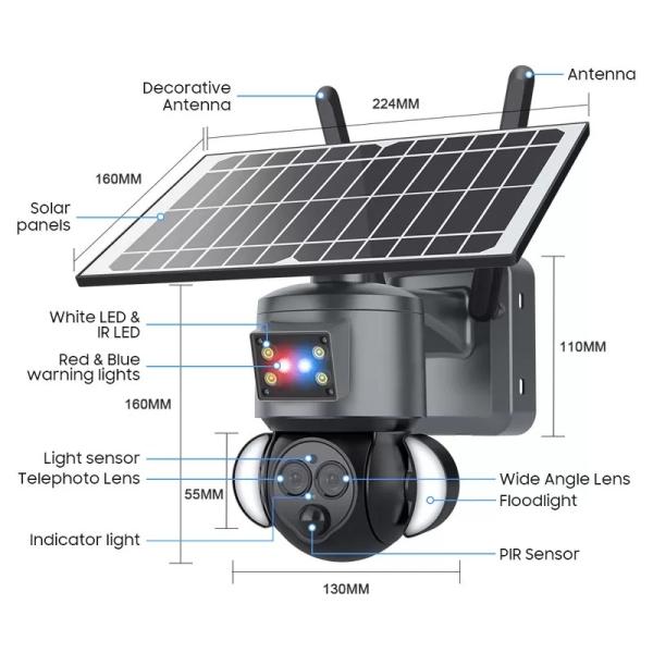 PTZ 12X Zoom Smart Floodlight Solar Wifi Camera Red Blue Warning