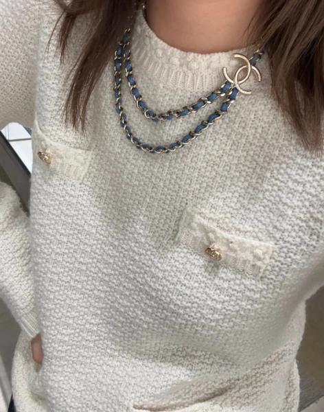 Blue Denim Luxury Chain Necklace 50-55cm Length With Light Gold Double C Accents