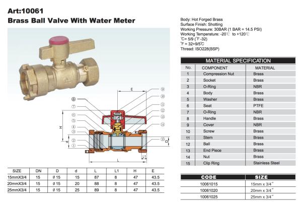 BSP or NPT Brass Ball Valve with water meter 10059 10060 10061 10062 in 30Bar