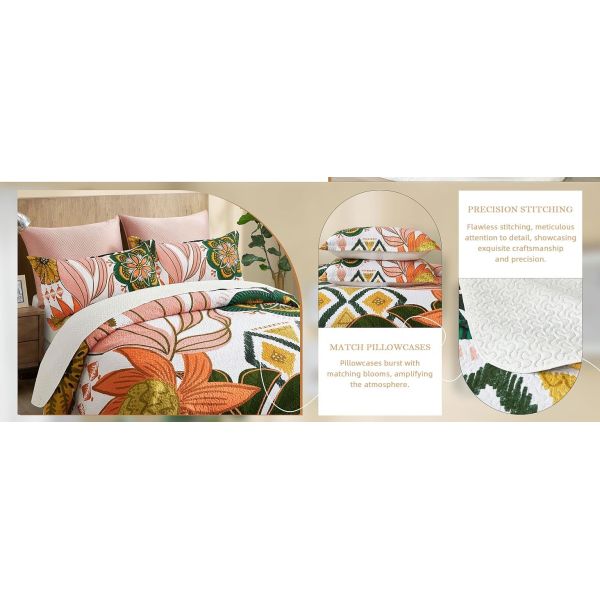 Mid Century Leaves Microfiber Bedding Sets，Reversible Lightweight Bedspread Coverlet