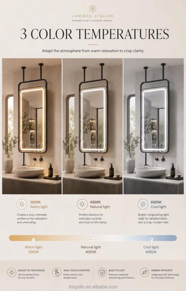 Kingstin Stainless Steel Suspended LED Bathroom Mirror for Semi-Open Vanities, 3 Color Temperature, Anti-Fog, Custom Rods