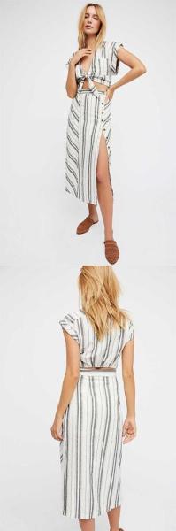 Decote em V profundo da roupa de 2018 verões com o vestido listrado separação de Boho para mulheres
