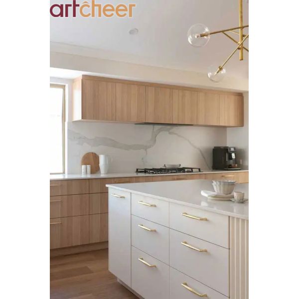 L Shape Kitchen Cabinet with Luxury Gold Handles Maple Veneer Finish and White Quartz Stone Table Top