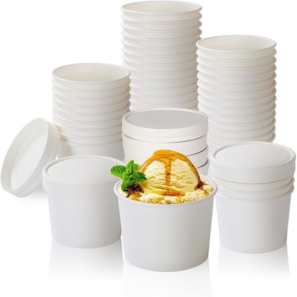 4oz White Paper Soup Containers with Lids Disposable Paper Food Containers with Vented Lid Kraft Ice Cream Cake Dessert Cups Soup Bowl for Party Hot Food Fruit