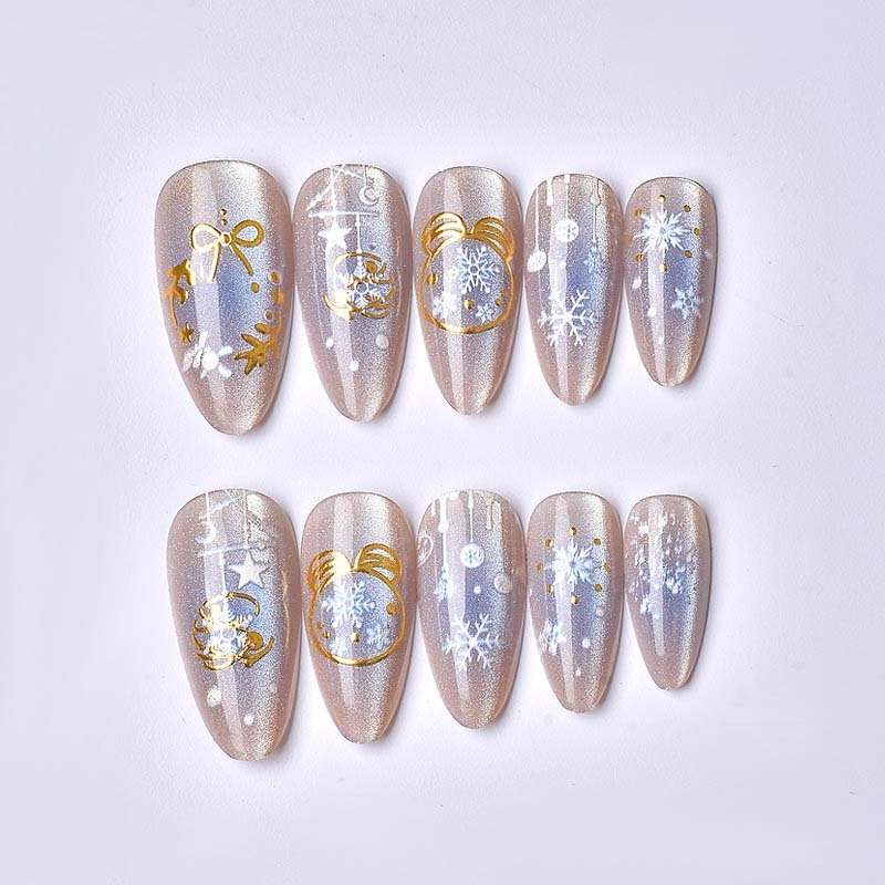 Wholesale Gold Foil Shell Holiday Press On Nails Almond Nude Luxury Wedding