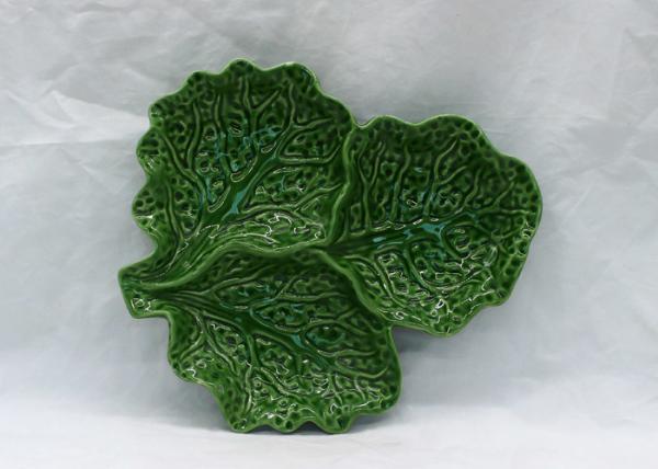 Ceramic Cabbage Plate Green Leaf 3 Section Serving Platter for Table Restaurant