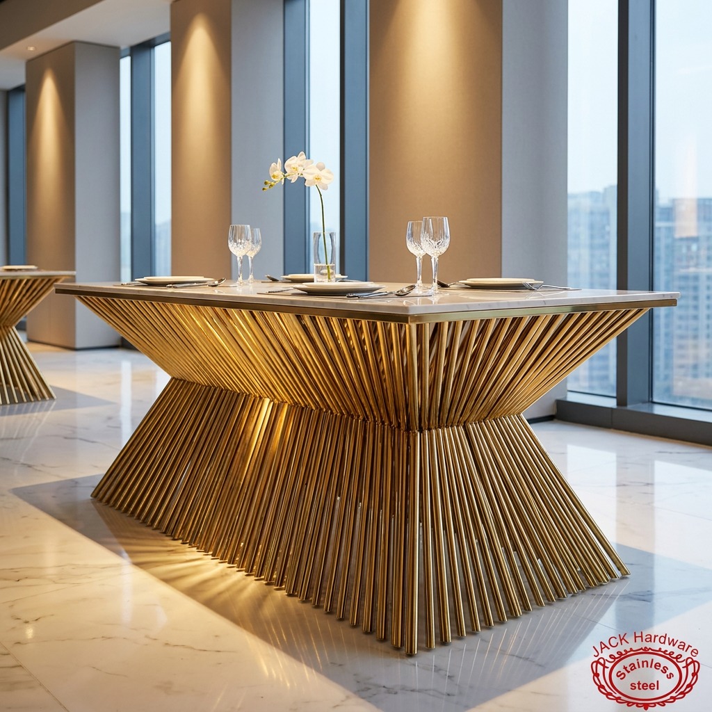 WENDING Gold Fountain Tube-Bundle Base Marble-Top Dining Table – Sculptural Hotel Table