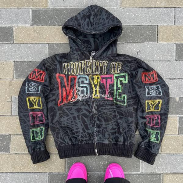 Custom Logo Heavyweight 100% Cotton All Over Print Zipper Hoodies Acid Washed Vintage Distressed Boxy Zip Up Hoodies for Men