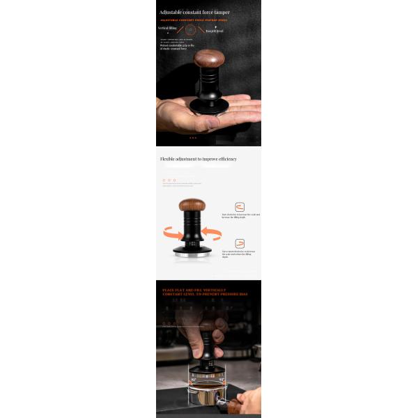 Adjustable Stainless Steel Scaled Base 51/53/58mm Solid Wood Handle Barista Coffee Tamper for Home