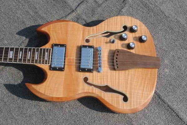 High quality custom 6 string electric guitar, flame maple veneer, wood color body, double F hole half hollow body, rosew