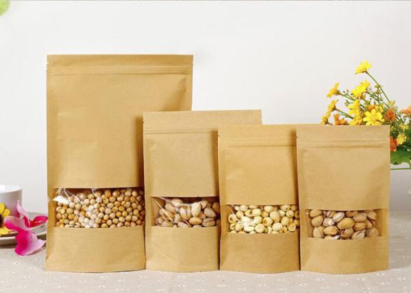 Dried Food Brown Kraft Paper Bags Food Grade Stand Up With Hole Handle