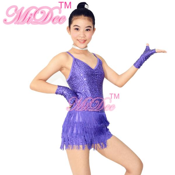 3 Layer Latin Dance Costumes Biketard V - Neck Bodice Flying Fringe Skirt Outfits