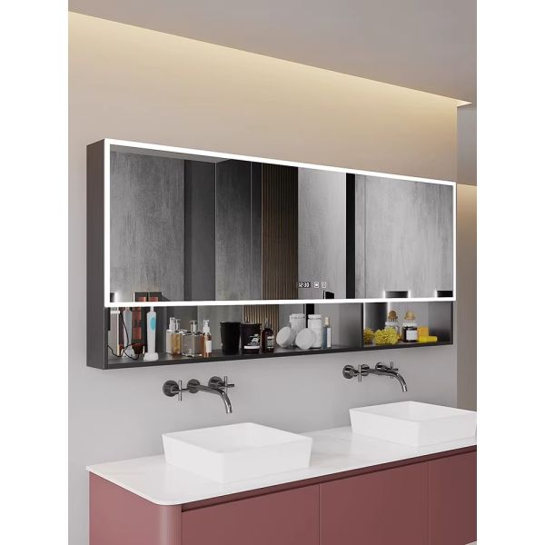 Modern Luxurious Anti-Fog Aluminum LED Bathroom Vanity Mirror Cabinet Time Display Water Resistant for Hotel Apartment Use