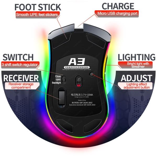 OEM Logo Rechargeable A3 Rgb Wireless Mouse with Silent Keys and Vertical Design