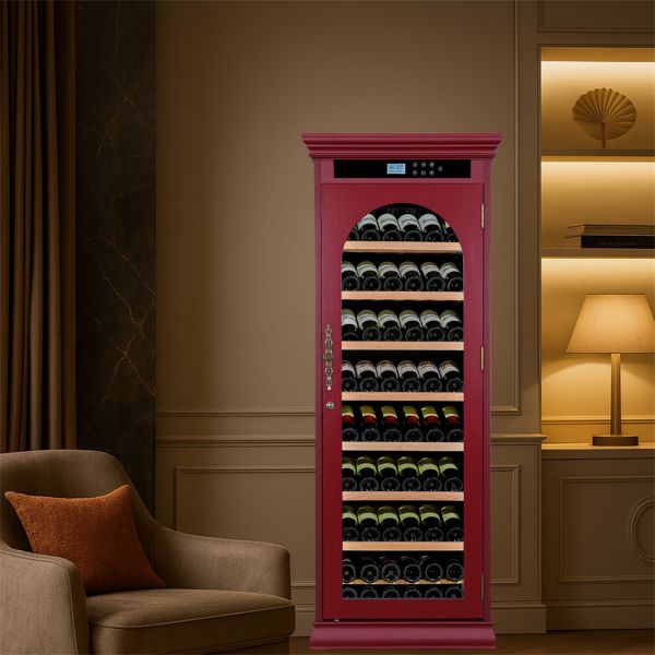 Solid Wood Kitchen Wine Cooler with Smart Digital Control Panel Locking Door and Tempered Glass LED Light