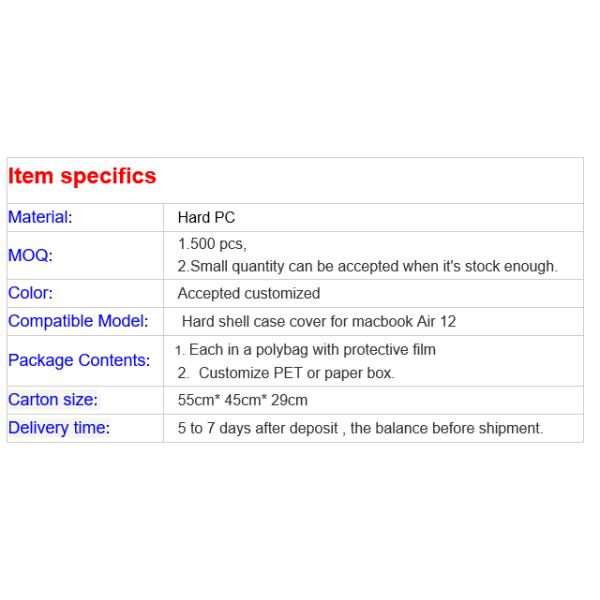 Clear hard PC Laptop cover plastic cover for macbook air 12 case