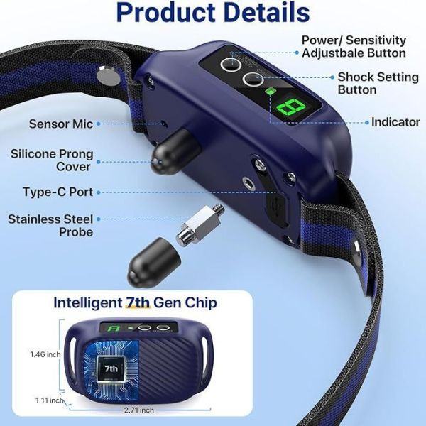 Custom Rechargeable Waterproof IP67 Anti Bark Collar 20 Hours Battery Life Adjustable 8 Sensitivity Smart Bark Training Device