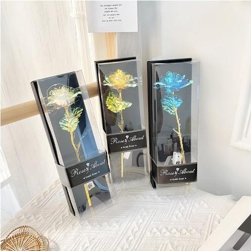Valentine's Day Gift Qixi Gold Foil Rose Flower Window PVC Gift Box Packaging With Light Stall Bouquet 10x28cm Variety Rose