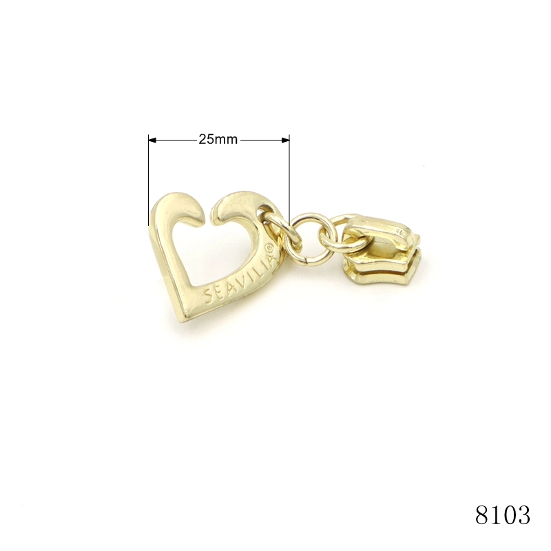 25mm Custom Light Gold Hollow Heart Metal Zipper Pull Charm with Matching Zipper Slider, Decorative Zipper Hardware for Handbags & Cosmetic Pouches