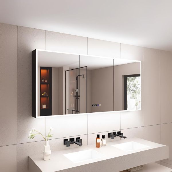 Smart Modern Medicine Bathroom LED Mirror Cabinet Water Resistant Illuminated Storage Organizer Aluminum Frame for Hotel Villa