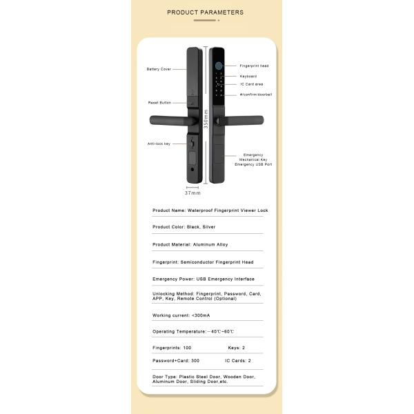 IP65 водонепроницаемая блокировка отпечатков пальцев черный серебряный отпечаток пальцев дверной замок дома