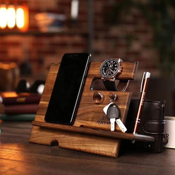 Station d'accueil téléphonique en bois de noix naturel Crochets à clefs Portefeuille de portefeuille moniteur organisateur Hommes cadeau Bureau rangement de stockage