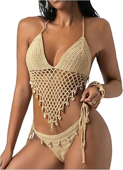 Women'S Boho Hollow Out Halter Bikini Sets Shell Crochet Summer Beach Swimsuit Bathing Suit Skirt Knitted Texture One-Piece Short Hand Crochet Shawl Swimsuit Cover Ups Fashion Accessories