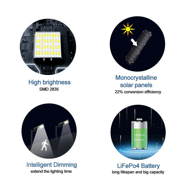 Lâmpada de rua Ip65 Área exterior Iluminação solar à prova d'água 400w Integrado All In One Led Solar Street Light Bateria visível