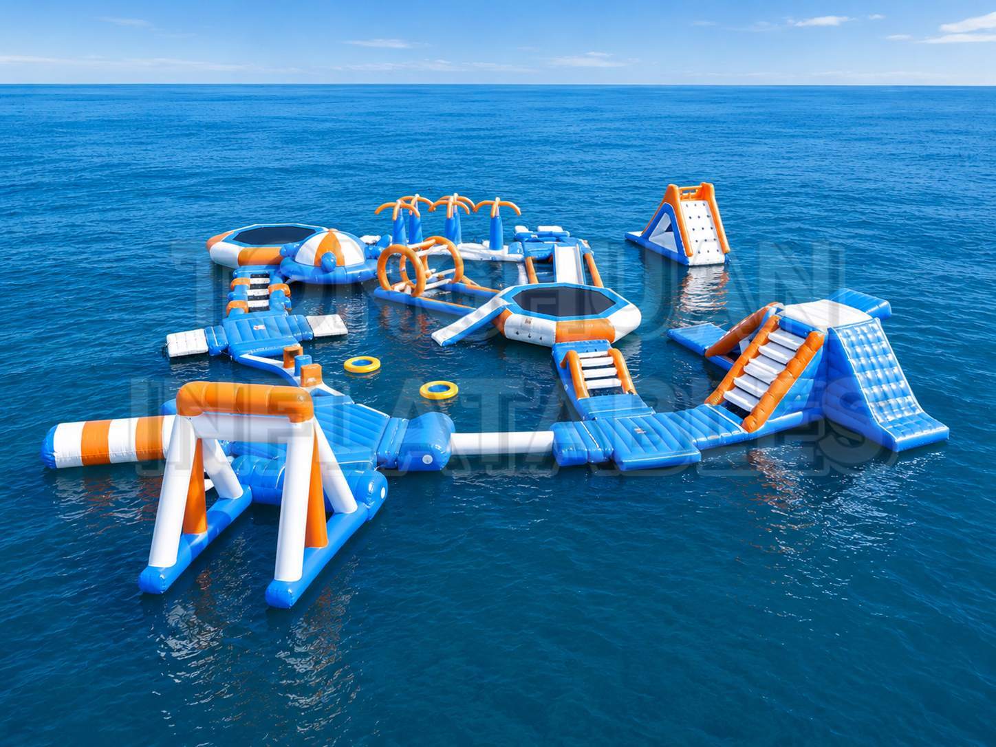 Large Inflatable Ocean Adventure Park with Modular Slides Trampolines Climbing Elements and Activity Zones for Beaches Hotels and Water Recreation Businesses
