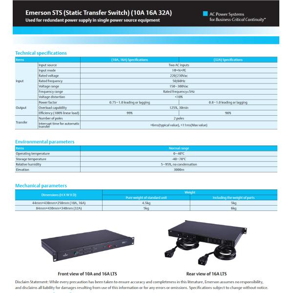 Emerson Liebert STS Автоматический переключатель 30A 230V C19 Сетевой тип PDU UF-LTS32-1P