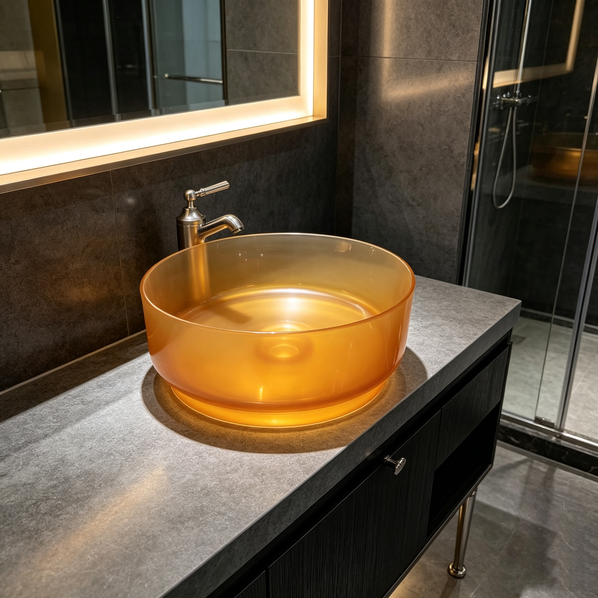 Orange Resin Solid Surface Vessel Sink Countertop Basin 500mm For Contemporary Bathroom