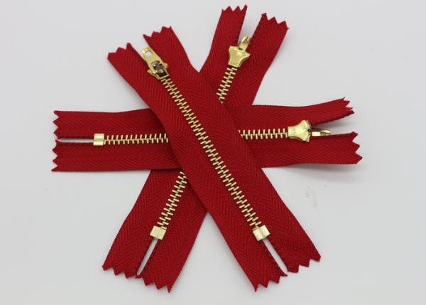 Adhesive Normal Brass Teeth Heavy Duty Metal Zippers Red Tape For Jeans / Pants / Garments