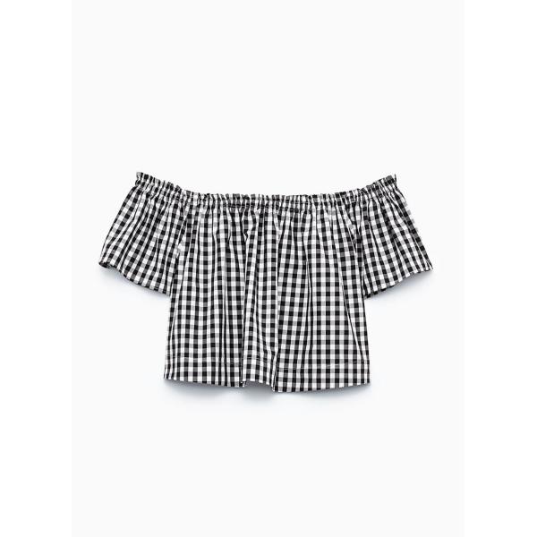 Latest Clothing Ladies Fashion Summer Top Cotton Plaid Off Shoulder Blouse for Women