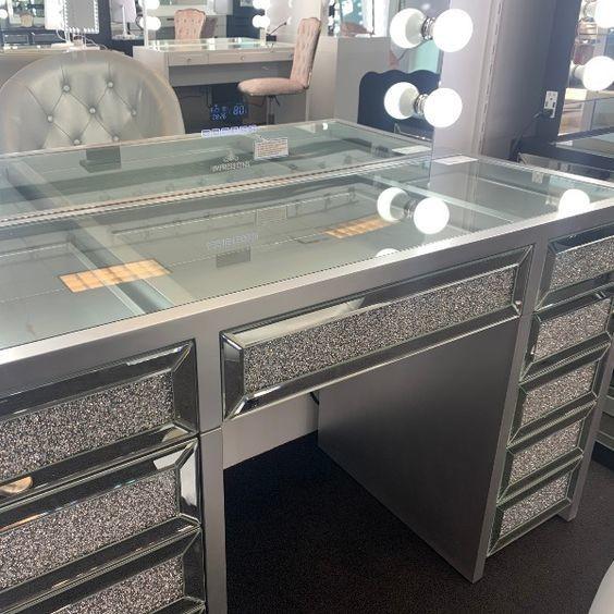 Modern Design Oak Makeup Table With Lighted Mirrored Dresser Vanity Desk And Storage