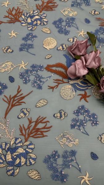 Sea Fish Embroideded Chinese Culture Luxary Mesh Funny Breathe Fabric For Party Gowns