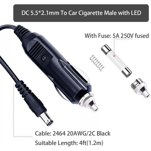 Cable portátil DC12V para cigarros de carro com conector de 5,5 mm * 2,1 mm