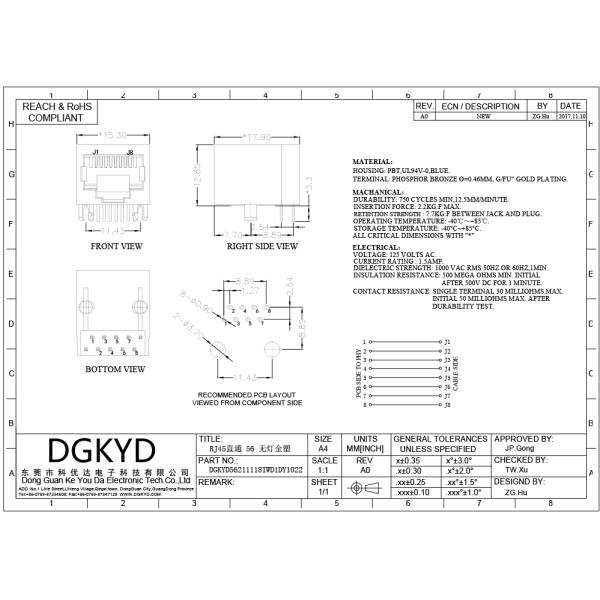 5621 Single Port RJ45 Socket Without Transformer , Blue PBT RJ45 Connector RJ45 Without Transformer