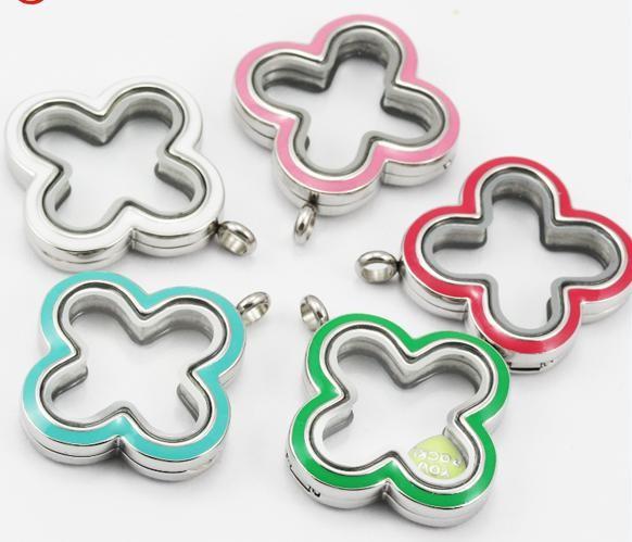 New 316L Stainless Steel Four Leafs Clovers Shaped Enamel Glass Lockets Pendant Necklaces