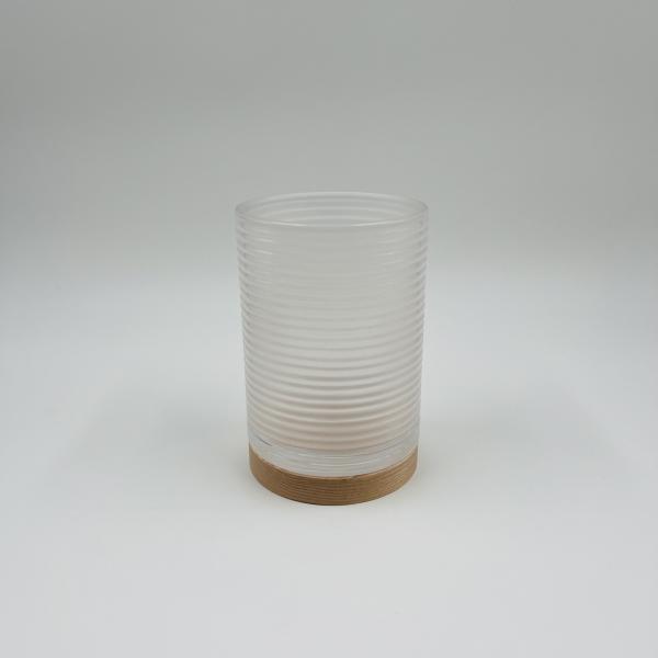 Accesorios modernos de baño de vidrio transparente forma redonda con madera parte botella de jabón de mano dispensador de jabón para el baño portabotellas de cepillo de dientes