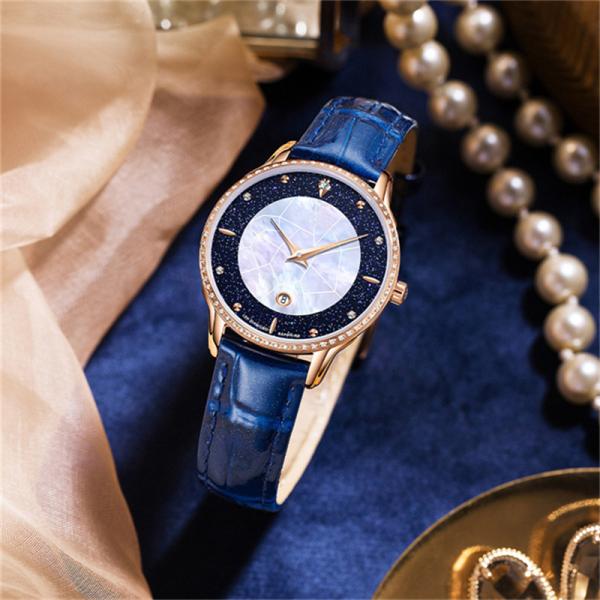 Pin Buckle Diamond Bezel Leather Watch 3ATM Waterproof Ladies Dress Watches With Diamonds