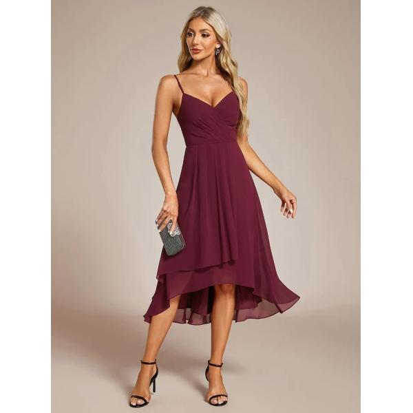 Sexy V-neck Spaghetti Strap Empire A-line High-low Burgundy Chiffon Wedding Guest Dress Midi Evening Dress