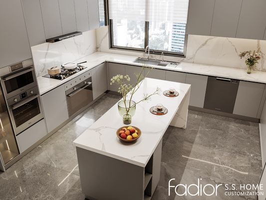 Modern U-Shaped Stainless Steel Kitchen Cabinets With Island And Integrated Appliances