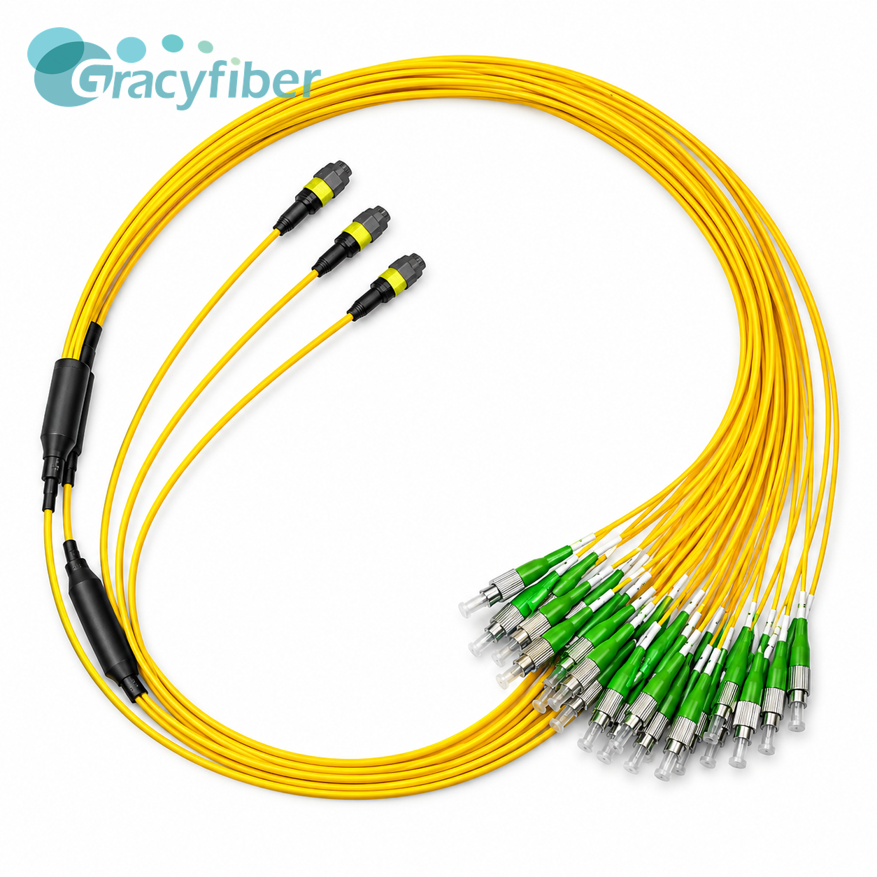 12F MTP APC Male to 12x FC APC Breakout Cable 1m Corning SMF-28e Single Mode Low Loss Ribbonized Fiber Harness