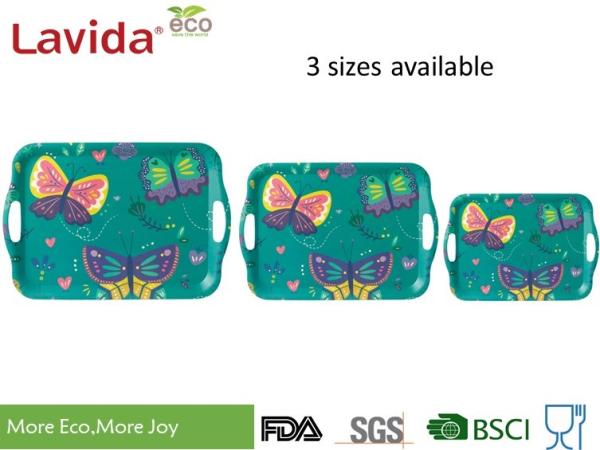 Unbreakable Anti-slip Environmental friendly Bamboo Fiber Tray for serving with carring side handles Melamine Food Tray