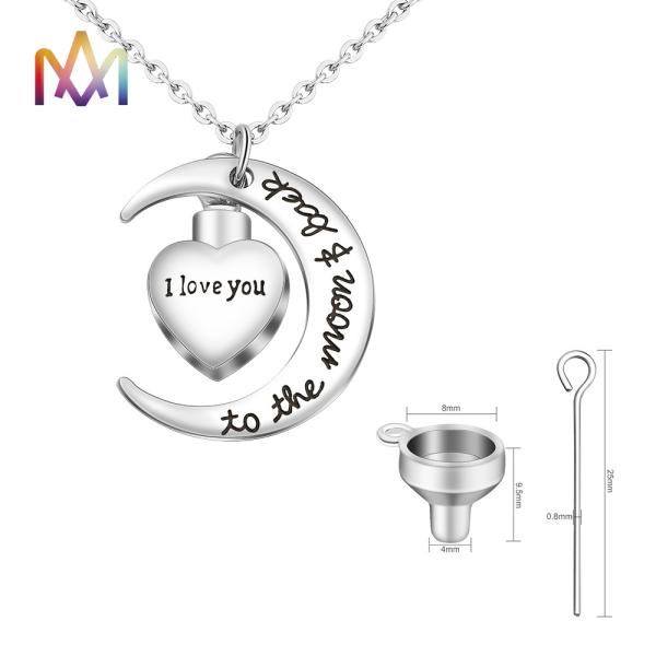 60cm Chain Steel Color Engravable Moon Star Neckalce With Cremation Urn For Human Ashes